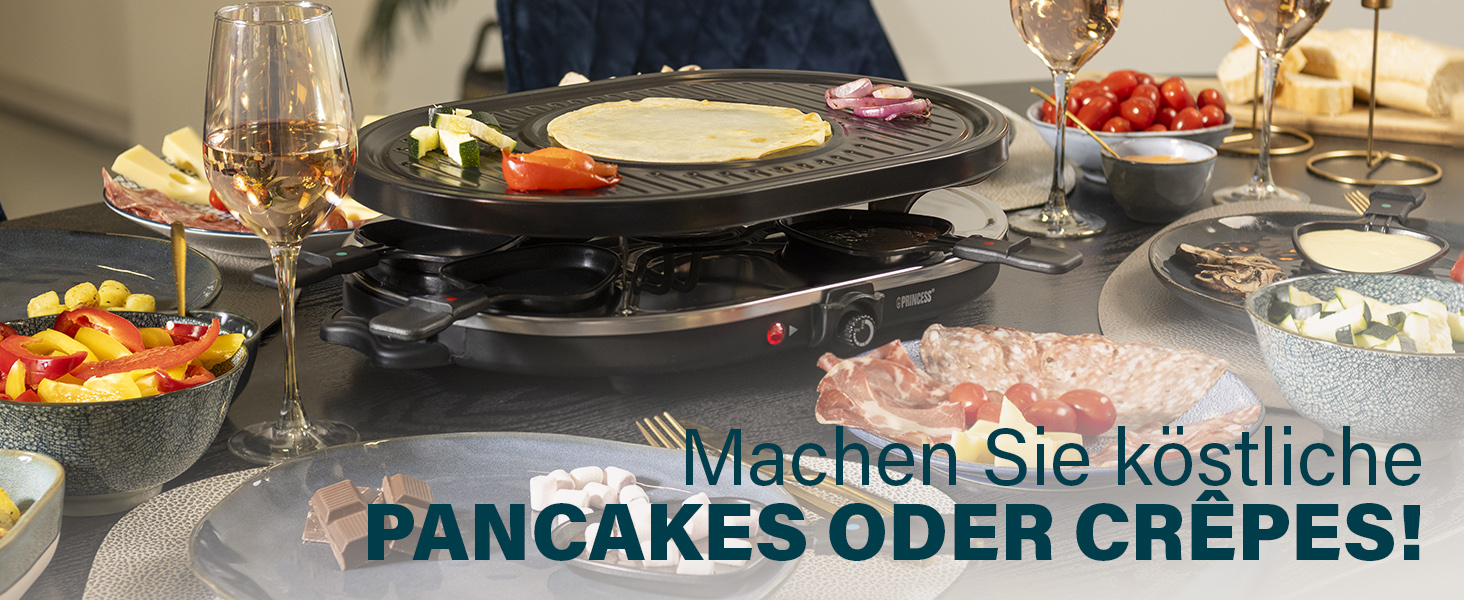 Електричний гриль Princess Raclette 8 панелей, овальний, 1200 Вт, багатофункціональна пластина з секцією для млинців, 42x30 см, чорний, нержавіюча сталь