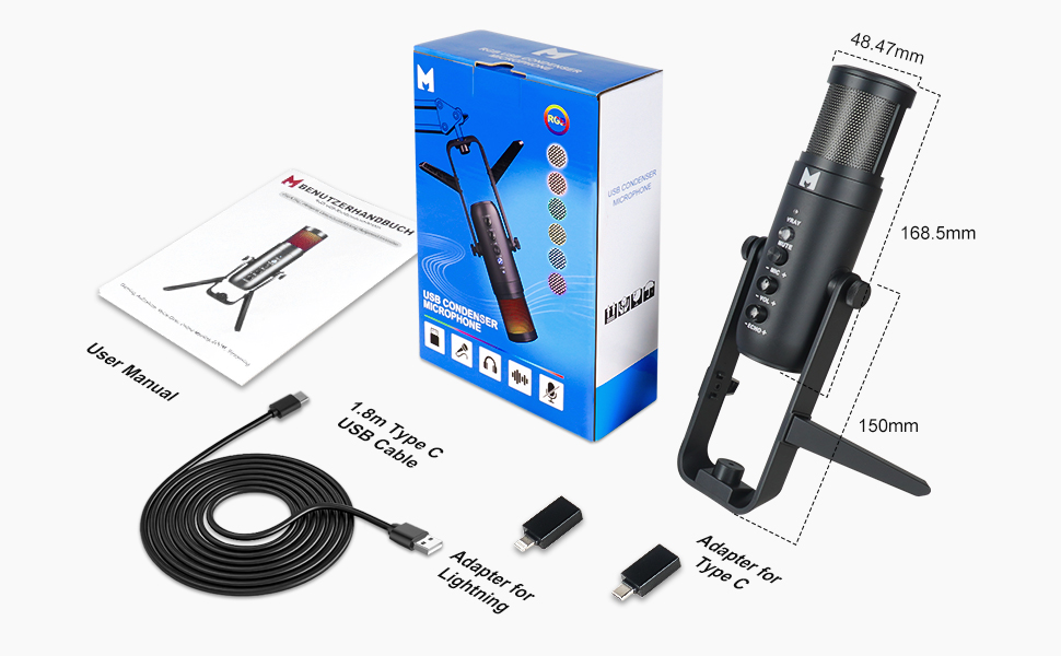 USB мікрофон для ПК, геймінгу, стрімінгу, подкастів та запису голосу. RGB-підсвітка, сумісний з телефоном, ПК, PS4, PS5 та Mac