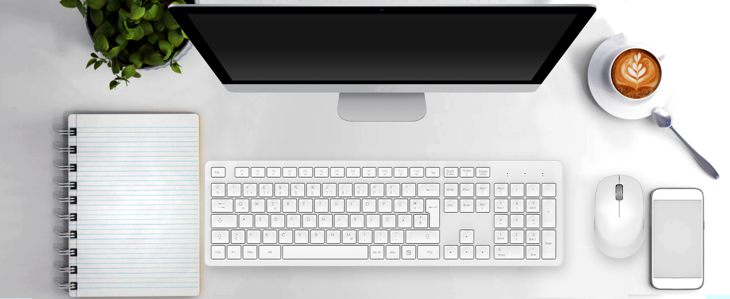 Бездротовий комплект клавіатури та миші Leadsail K786 з цифровою клавіатурою QWERTZ (німецька) - тиха клавіатура, 2.4 GHz, USB Nano приймач для ПК/ноутбука (білий)