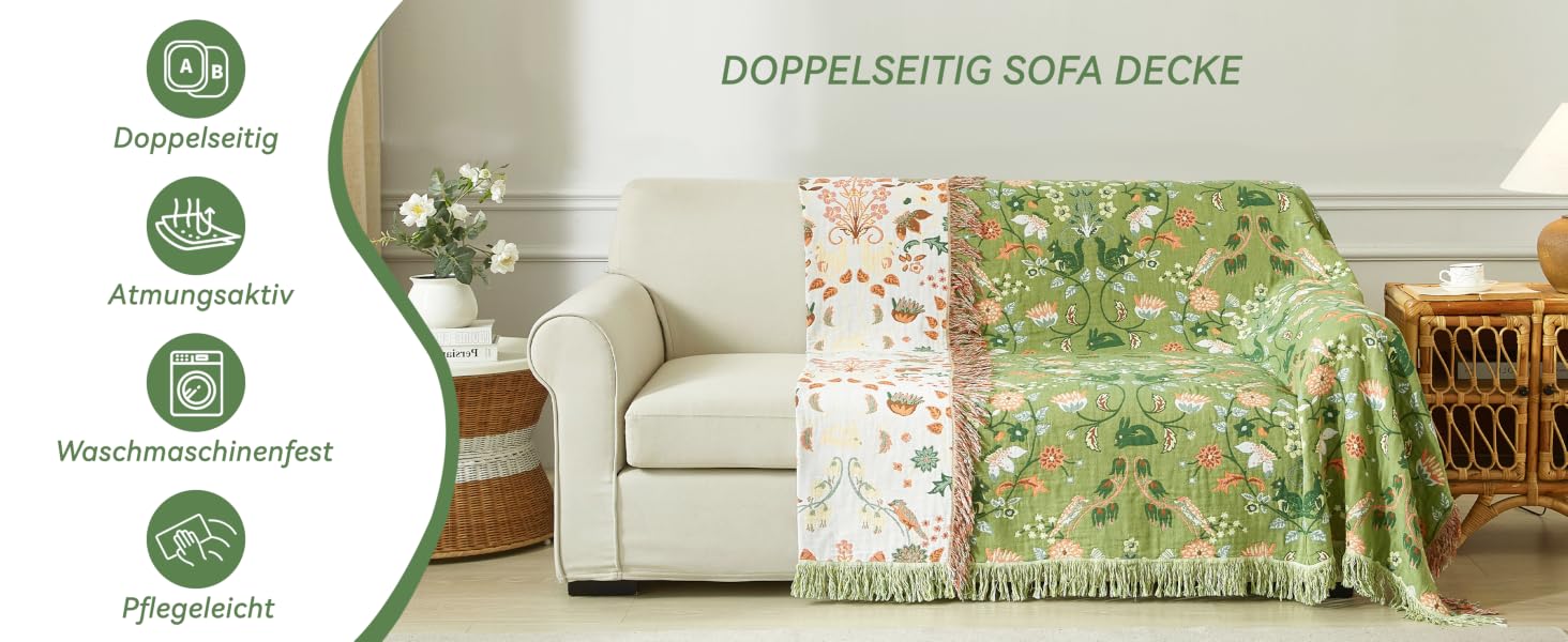 Покривало Bailix Premium Boho з 100% бавовни муслін, двосторонній плед з китицями для дивана та ліжка, 200x230 см, колір волого-зелений