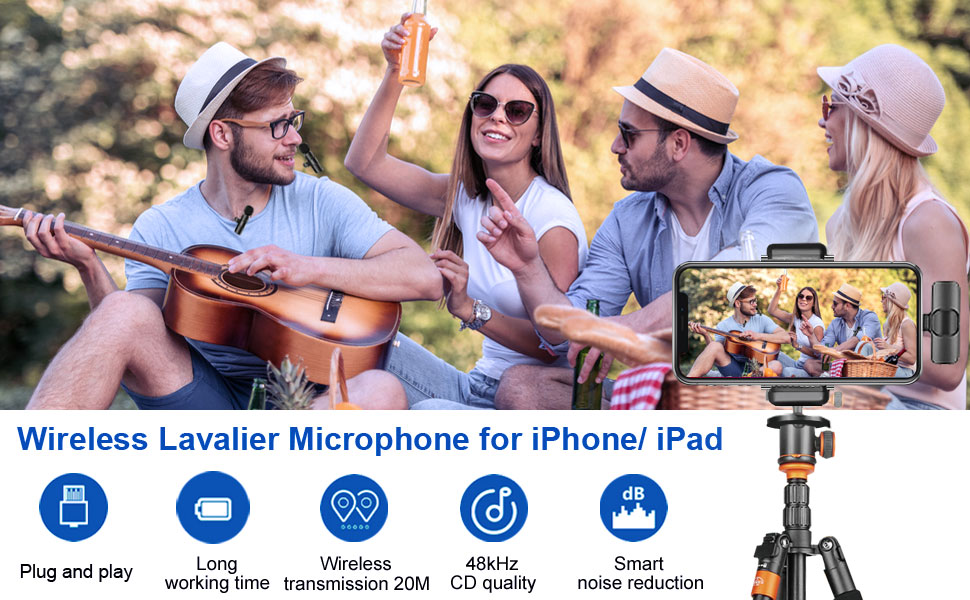 Беспроводной петличный микрофон 2St для iPhone/iPad: Plug-and-Play, шумоподавление, для видеоблогинга, YouTube, TikTok (2 шт.)