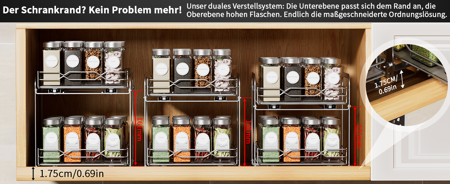 Висувна полиця для спецій з нержавіючої сталі, органайзер для спецій, 2 яруси, регульована висота, кухонний органайзер, система полиць для спецій для кухонної шафи, стояча полиця для спецій для внутрішньої частини шафи