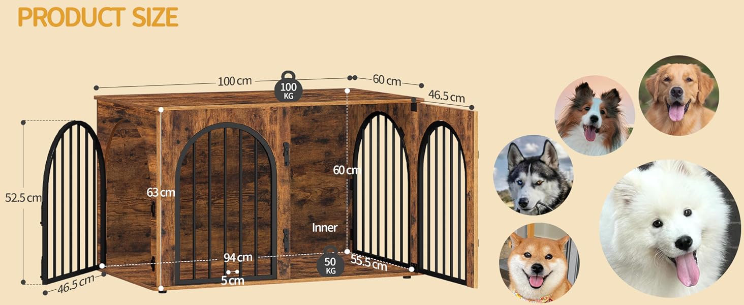 Клітка для собак Hzuaneri, 100 см, 3 двері, сучасний дизайн, для дому, висока міцність, 100 x 60 x 63 см, вінтажний колір, DFC84101B
