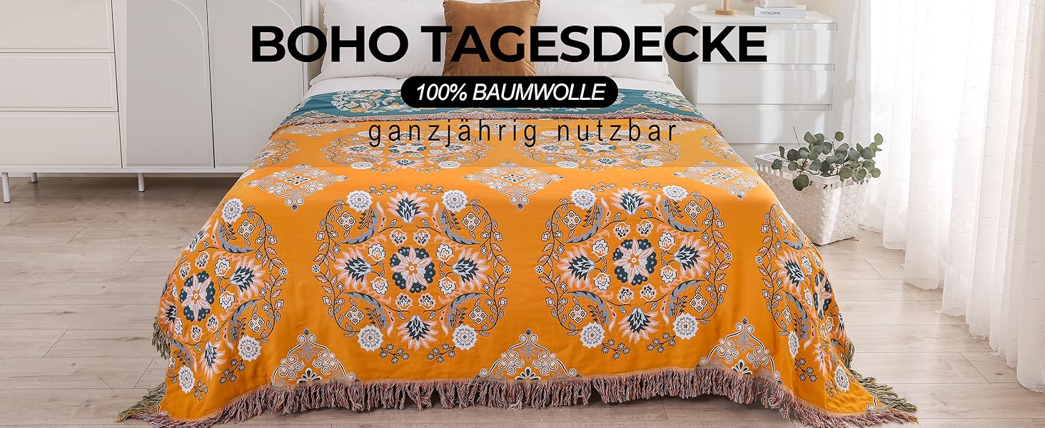 Покривало HOORDRY Boho для ліжка та дивана, бавовняна двостороння ковдра 150×200 см з китицями, жовто-зелене, для спальні та вітальні