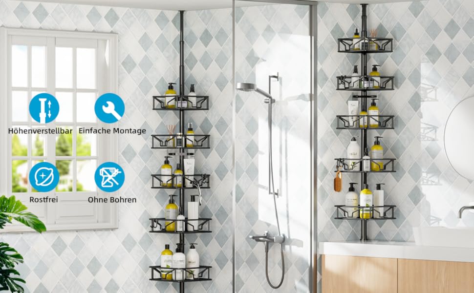 Телескопічна поличка для душу Bomclap з 5 кошиками, кутова, металева, чорна. Регульована висота 106-287 см, без свердління.