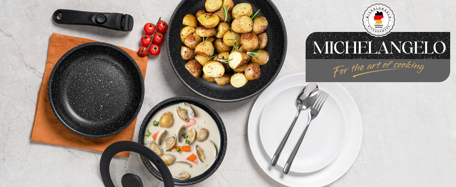 Набір сковорідок Michelangelo (20/24/28 см) з знімним ручками, індукційне дно, антипригарне покриття з мармуру, до 240°C, чорний (5-ти частинний)