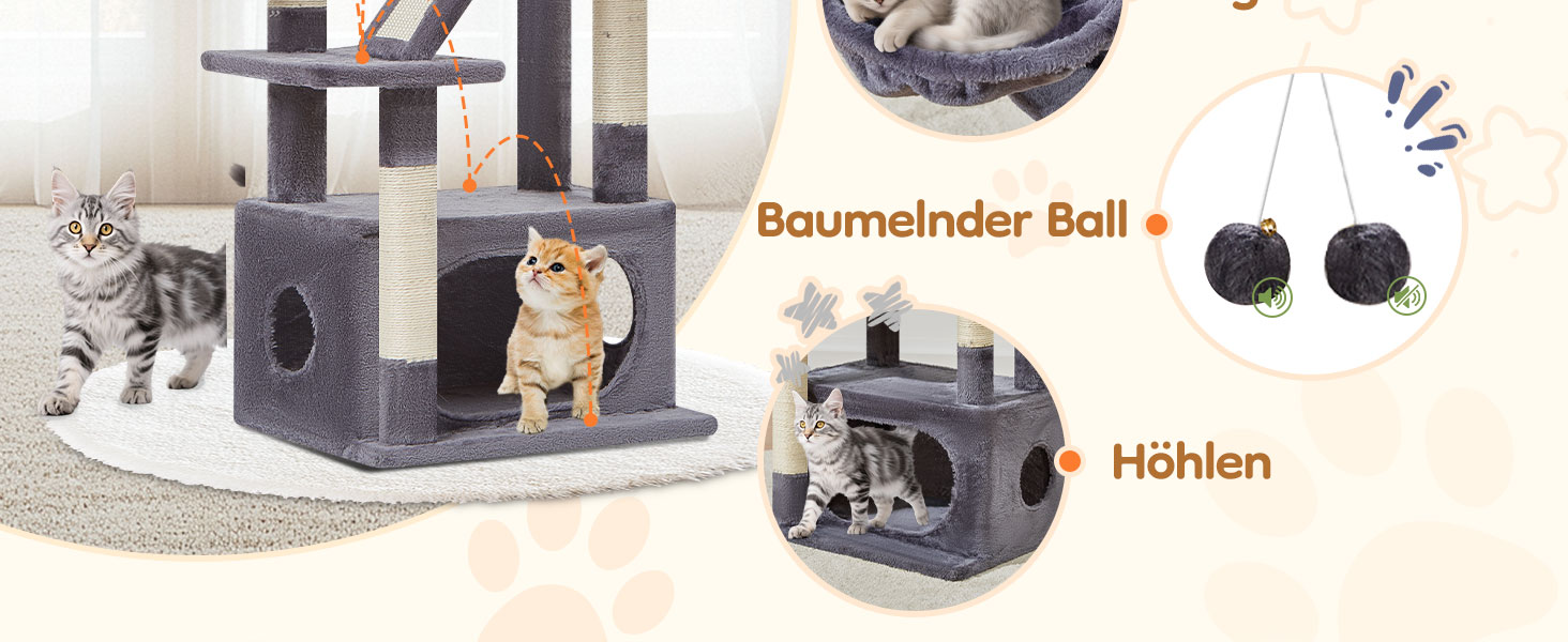 Дерев'яний кігтеточки Taoqimiao Klein 98 см - котячий будиночок з корзиною та 4 стовпчиками, MS029SW (темно-сірий)