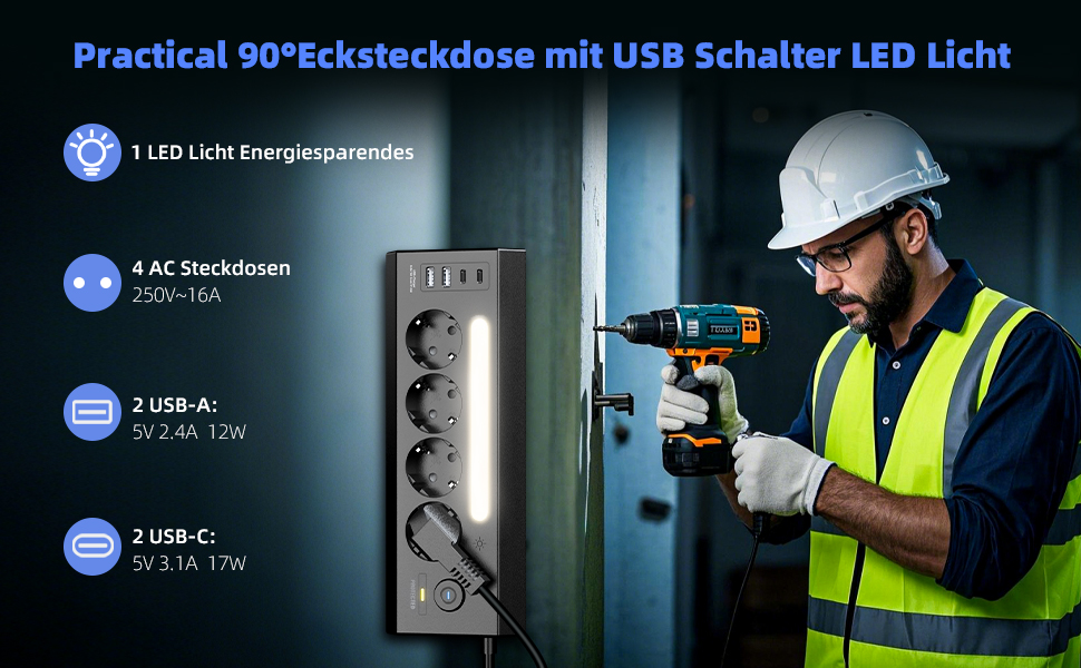 Кутова мережева розетка з USB та 2 Type-C, 4 слоти, з вимикачем, захист від перенапруги, LED, кабель 1.8м