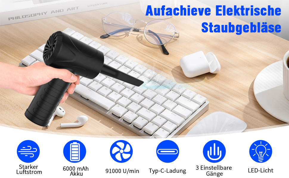 Електричний пилосос для обдування, 3 швидкості, 91000 об/хв, USB, акумулятор 6000mAh, для ноутбука, клавіатури, авто, офісних пристроїв, дивану