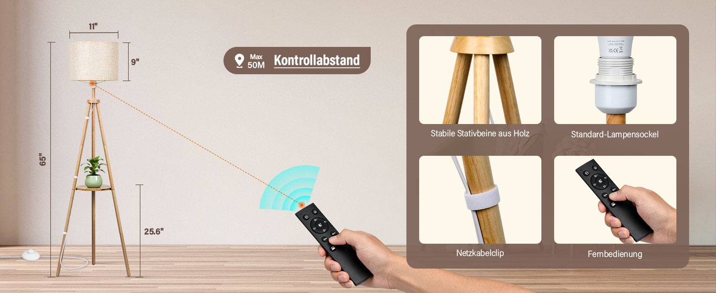 Стельова лампа для вітальні з полицею, дерев'яна LED-стійка лампа з регулюванням яскравості, тринога, 3 колірні температури, таймер на 30/60 хвилин, абажур, вимикач на корпусі для вітальні, спальні, офісу.