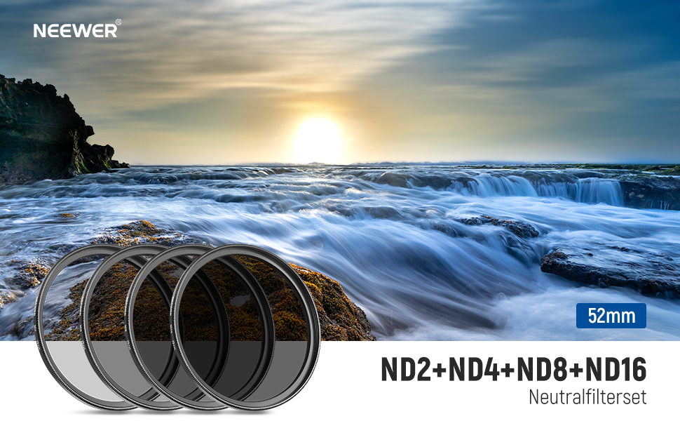 Набір ND-фільтрів Neewer 52мм (ND2, ND4, ND8, ND16) для DSLR камер Canon, Nikon, Sony, Panasonic — комплект нейтральних фільтрів з очисником об'єктива та чохлом