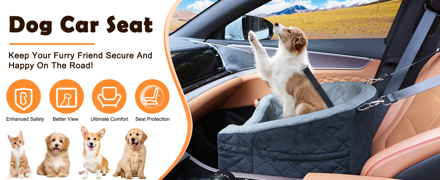 Elevated Dog Car Seat - Small & Medium Dogs (Up to 13.6KG) - Washable, Travel Bed with Storage & Safety Belt (Black & Grey)