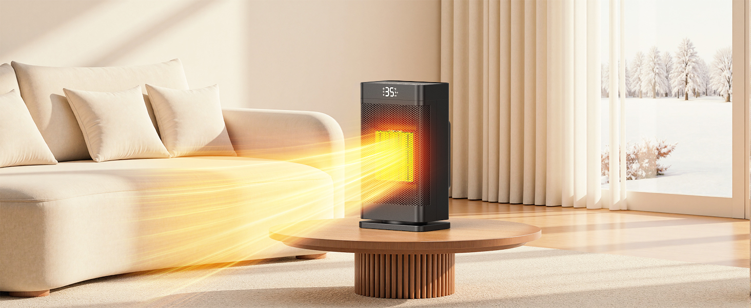 Керамічний електронагрівач 1500W з термостатом, PTC-керамічний нагрівач, ECO-режим, захист від перегріву та перекидання, 75° коливання, 2-в-1 енергозберігаючий нагрівач для дому, чорний