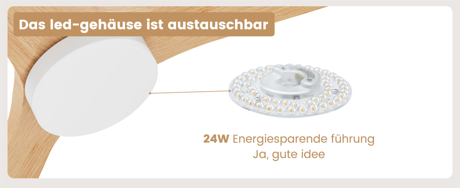 Стеляний вентилятор Holz з підсвічуванням, регулюванням яскравості LED 24W, тихий DC-двигун 38W, діаметр 132 см, з пультом дистанційного керування та таймером, 6 швидкостей, дерев'яний дизайн