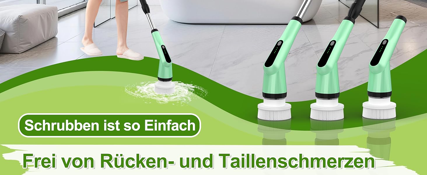 Електрична щітка для прибирання з 7 насадок, водонепроникна IPX7, регульована ручка, для ванної, кухні, підлоги, авто (білий/зелений)