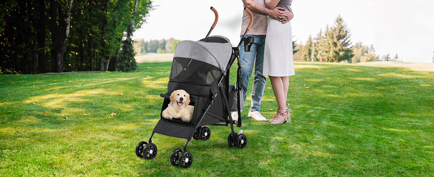 Візок для собак YITAHOME - переноска для тварин до 11,3 кг, з сіткою, тримачем для напоїв та кошиком, для собак та котів (сірий/чорний)