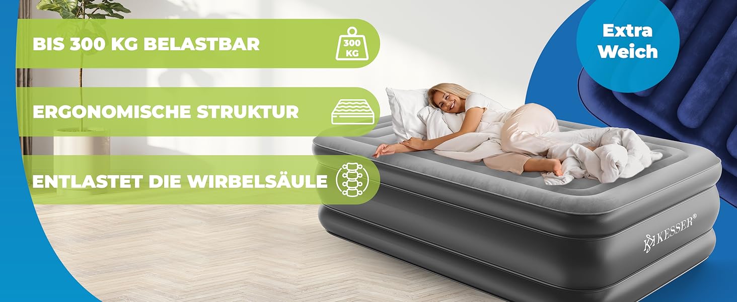 Надувний матрац KESSER® з електричною помпою, самонадувний, для гостей, кемпінгу та дому. Матрац для 1 особи, 203 x 95 x 51 см, сірий/антрацит