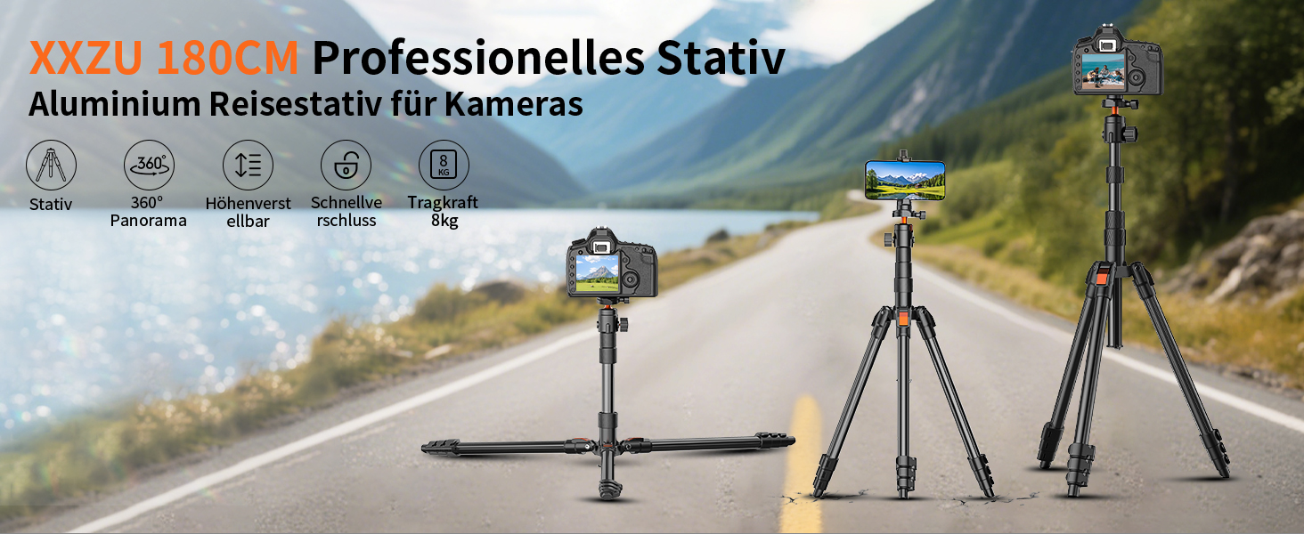 Штатив для камери XXZU 180 см, легкий, для DSLR/смартфона, з кульковою головкою 360° та 1/4-дюймовою різьбою, чорний