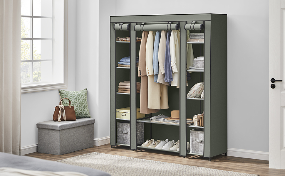 SONGMICS текстильна шафа для одягу з полицями і вішаком, салатовий, 150x45x175 см, для спальні та гардеробної