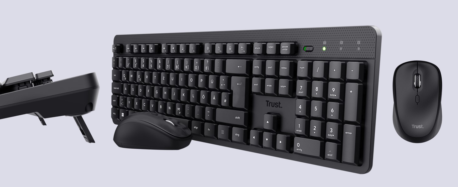 Бездротовий комплект клавіатури та миші Trust Ymo II з QWERTY (німецький), плоскі клавіші, захист від бризок, миша на 800-1600 DPI, USB-приймач, для ПК, комп'ютера, ноутбука, Mac