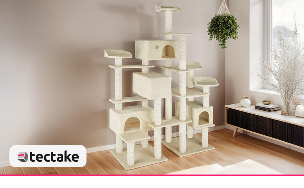 Дерево для котів tectake® велике, з аксесуарами, XXL, 4 будиночки для котів, ігровий комплекс з подряпальною колоною, з сизалю, сірий | 403920