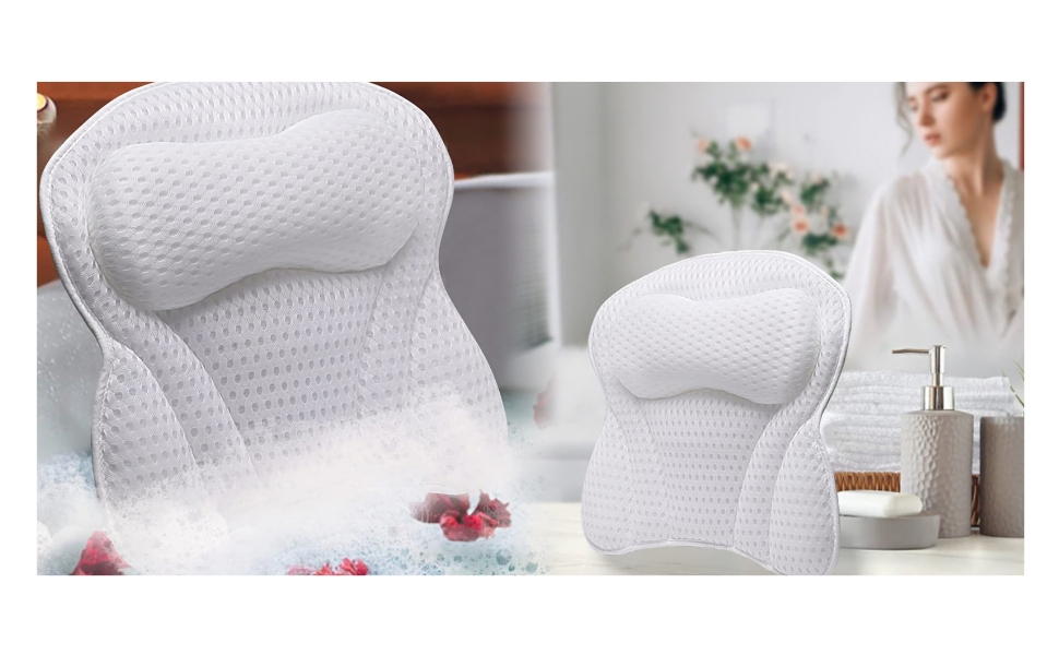 Penelife Bathtub Pillow with 6 Suction Cups - Ergonomic Bath Pillow with 4D Air Mesh Technology - Neck Pillow for Optimal Relaxation - White Bathtub Cushion