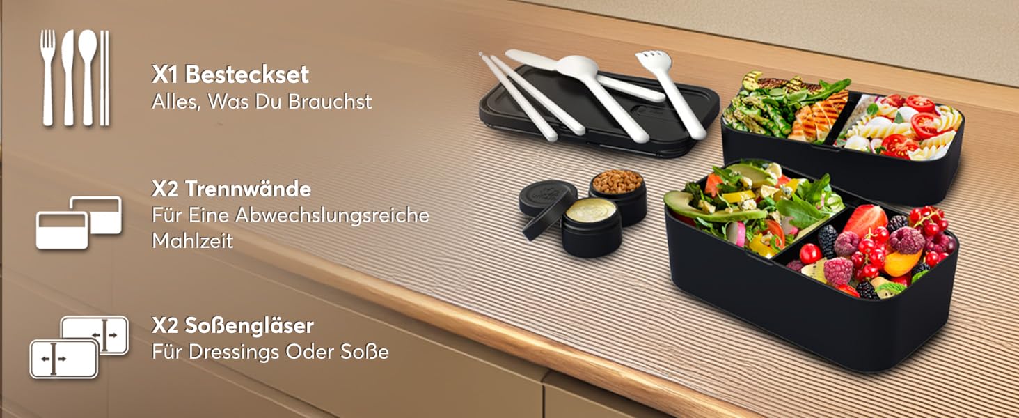 Набір ланч-боксів Umami Lunchbox для дорослих, 1500 мл, чорний онікс, з 4 столовими приборами та відділеннями
