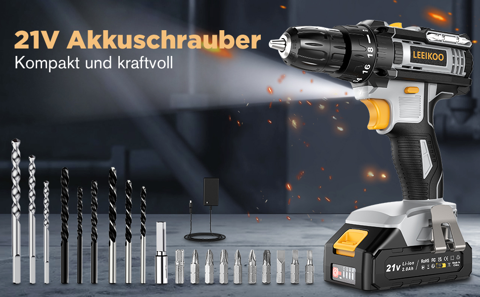 Акумуляторний шуруповерт LEEIKOO 21V з акумулятором 2.0Ah, 42N.m, 10мм патрон, 2 швидкості, 18+1 момент, LED, 20шт набору, сірий
