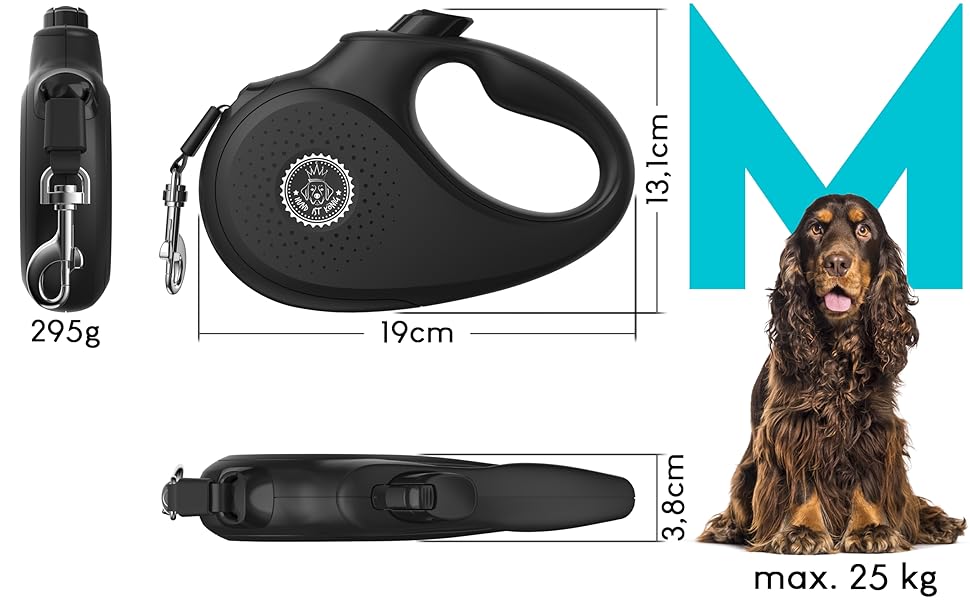Extendable Dog Leash - 8m Retractable Leash for Small & Large Dogs - 50kg Weight Limit - Black