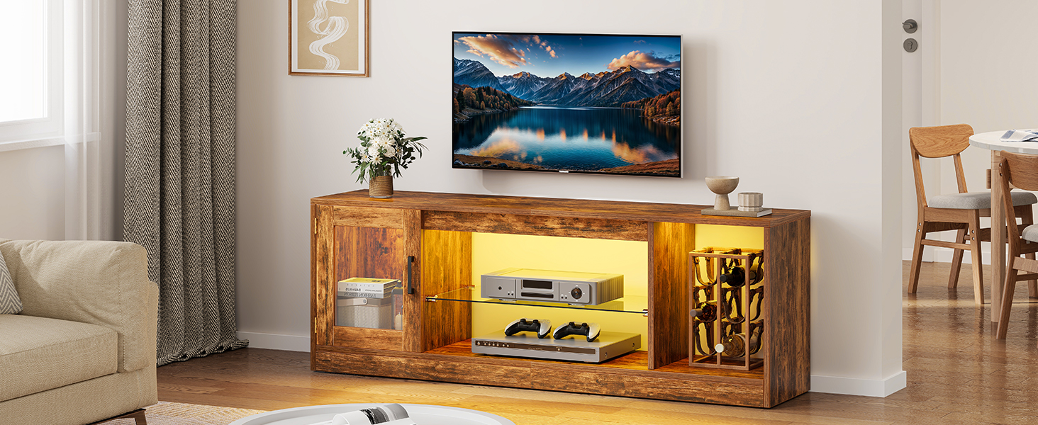 YITAHOME ТВ-тумба ретро з дерева, 148×32×51 см, з регульованою скляною полицею, LED RGB підсвіткою 144 см, пультом ДУ, коричнева