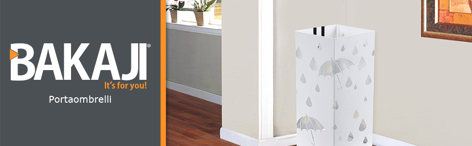 Bakaji Metal Umbrella Stand with Water Tray - White, Square Design, 49x15.5x15.5cm
