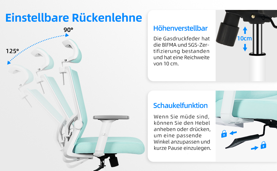 Ергономічне крісло Daccormax для офісу: регульована підголовник, підлокітники, підтримка попереку, поворотний механізм, функція гойдання, сітчасте крісло, турбота про спину, 150 кг (Турквіс)