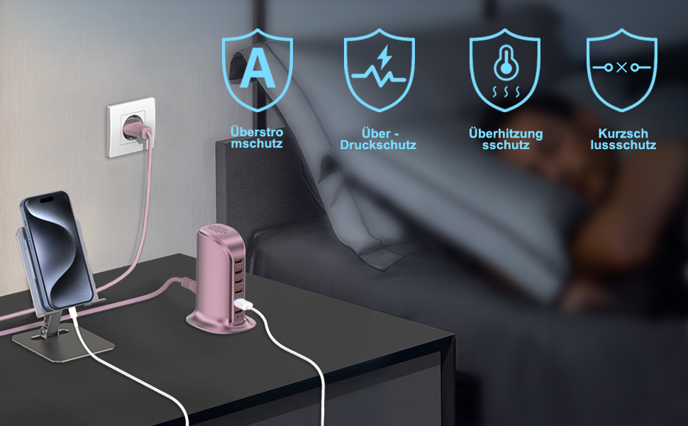 Зарядний пристрій USB багатопортовий 6 портів 25W/50W для iPhone, Samsung, LG, Huawei (Чорний/Рожевий)