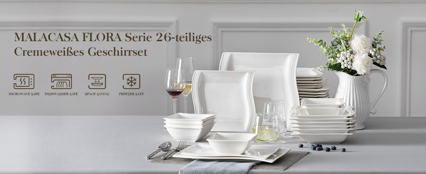 MALACASA Комплект посуду серія Flora, 26 предметів, кремово-білий, порцеляна. Тарілки, супові тарілки, десертні тарілки, великі тарілки, прямокутні блюда.