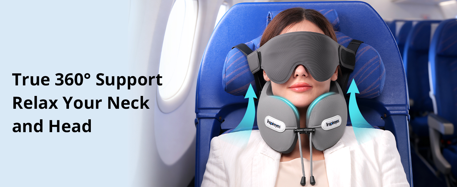 Подушка для шиї у літак з ременем безпеки та 3D маскою для сну, блакитна. Підтримка шиї та голови, високоякісний пінополіуретан, запобігає нахилу голови.