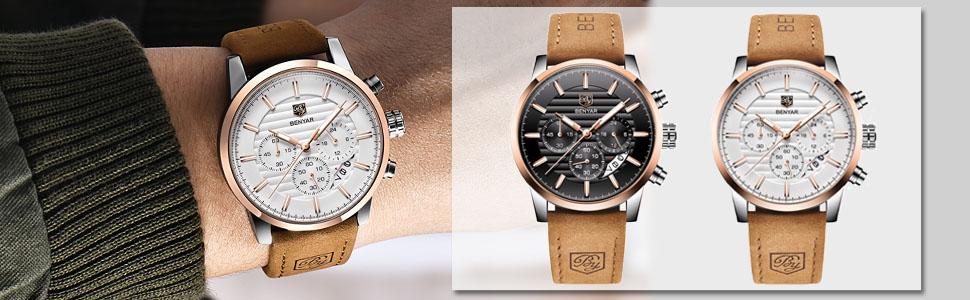 Годинник чоловічий Benyар Chronograph з кварцовим механізмом, водонепроникний, з нержавіючої сталі, для бізнесу, спорту та відпочинку (колір: коричневий, золотий, білий)