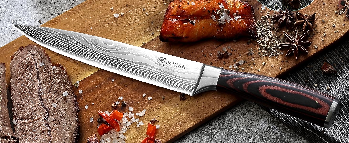 Кухонний ніж PAUDIN для м'яса та нарізання, 20 см, німецька високовуглецева сталь, ультра гострий, ергономічна нековзка ручка