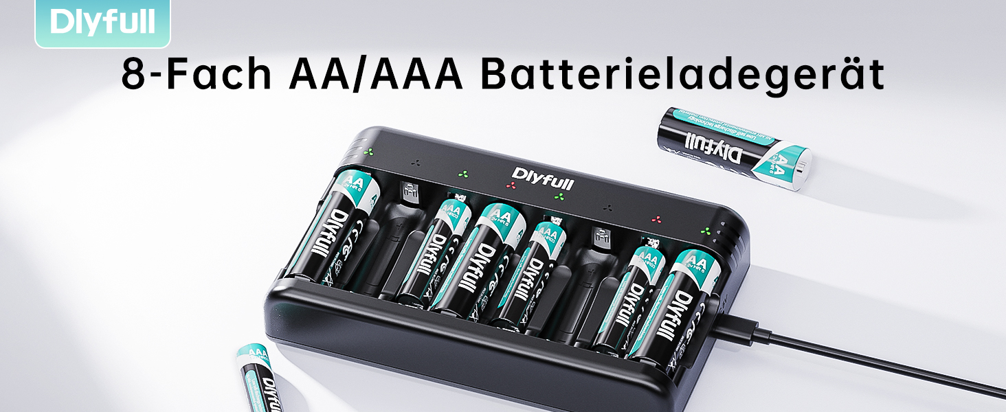 Зарядний пристрій Dlyfull для акумуляторів AAA/AA, 8-канальний зарядний пристрій з LED-дисплеєм, 5V/2A USB-C, для NI-MH/NI-CD, чорний