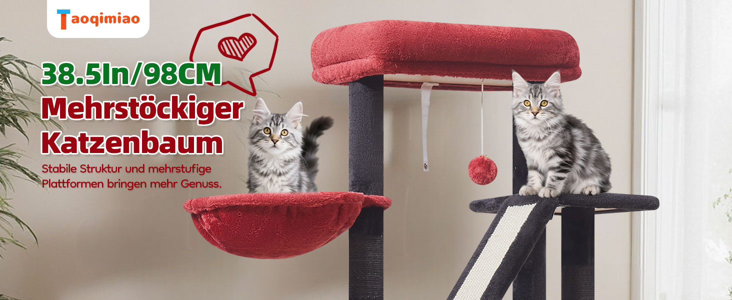 Драбина для котів Taoqimiao Klein, 98 см, з будиночком, корзиною, 4 стовпчиками для шліфування та іграшками, MS029SW (Чорний + Червоний)
