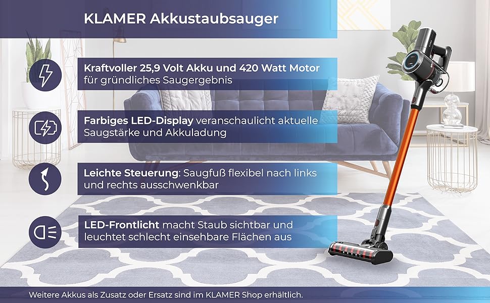 Акумуляторний пилосос KLAMER 2-в-1: вертикальний та ручний, час роботи до 45 хв, HEPA-фільтр для килима, авто та твердих поверхонь, сірий/помаранчевий, 2 акумулятори (по 45 хв)