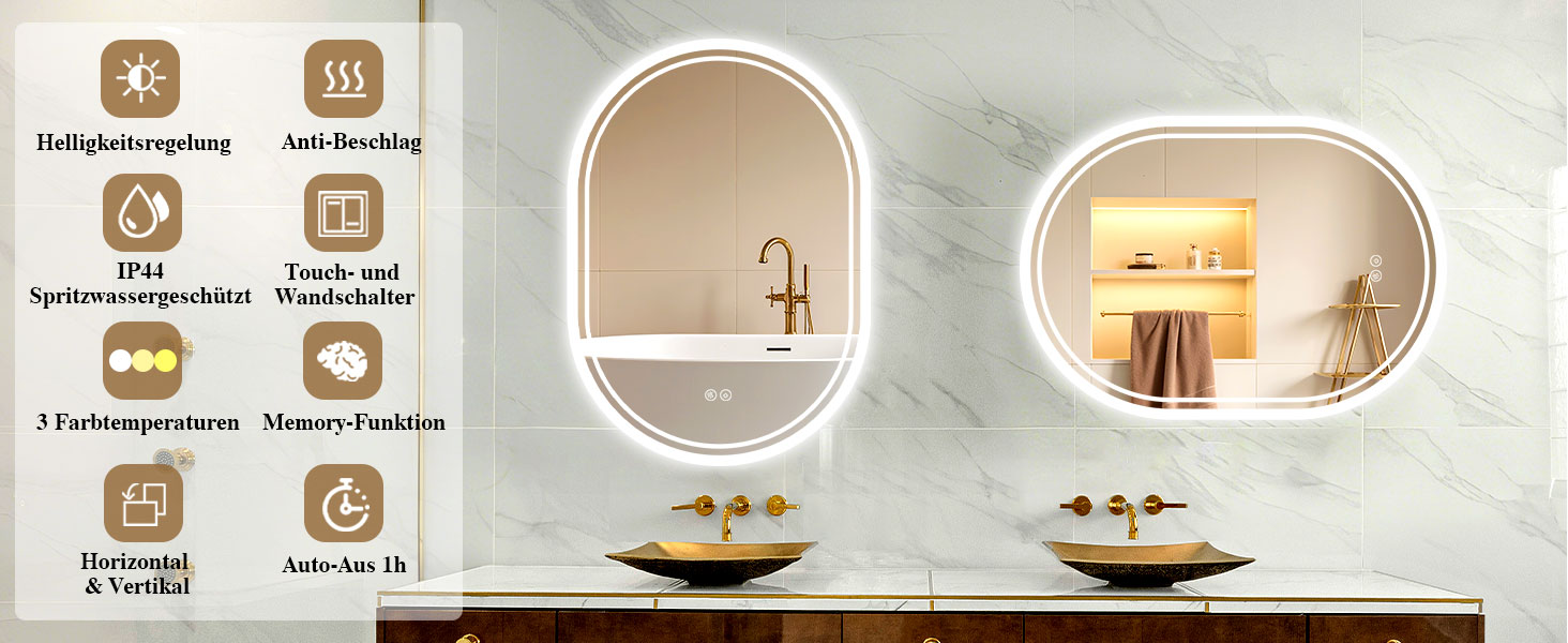 LED дзеркало для ванної кімнати Badspiegel з підсвічуванням, антизапар, сенсорне управління, регулювання яскравості, 3 кольори світла, овальне, 50x70 см
