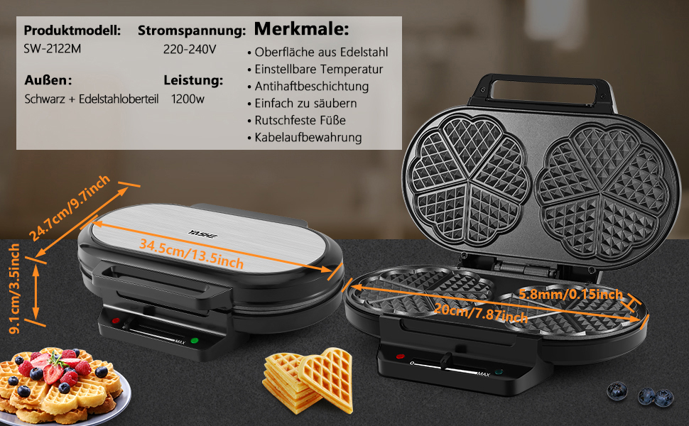 Heart-Shaped Waffle Maker - YASHE SW-2122M - Double Waffle Plates, Non-Stick Coating, Adjustable Temperature, 1200W