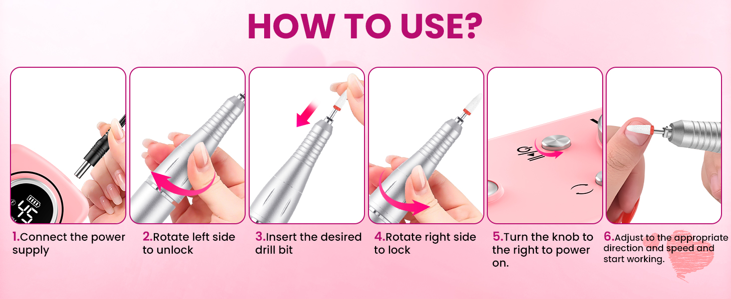 Професійний портативний фрезер для нігтів 45000 об/хв з LCD-дисплеєм (рожевий)