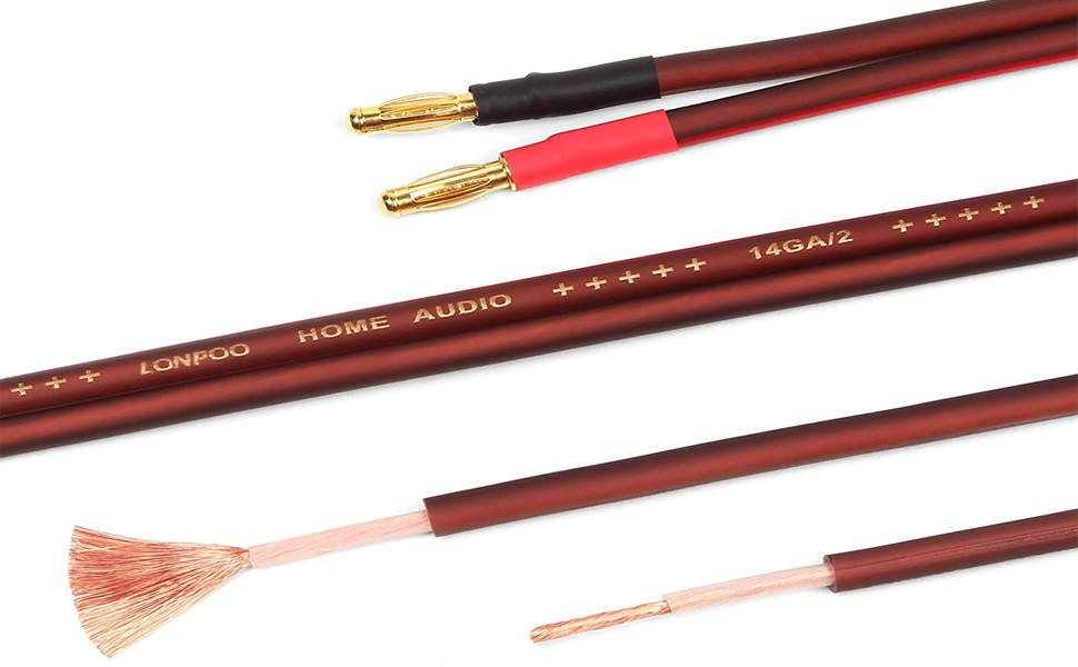 Акустичний кабель LONPOO LP42 з чистої міді та позолоченими бананоподібними роз'єктами, 14 AWG, 2 м, червоний (пара) для HiFi колонок