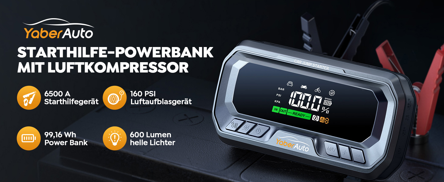 Powerbank YaberAuto для запуску двигуна з компресором, 160PSI, 6500A, PD 65W, 26800mAh. Запуск авто, 600 люмен, LCD екран