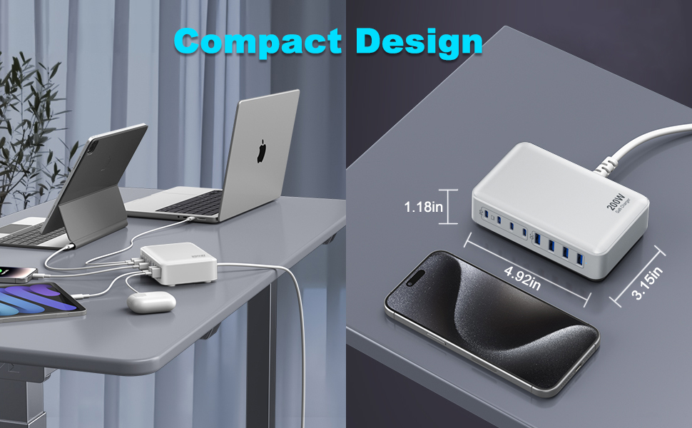 Зарядний пристрій USB-C 200W, 8 портів, GaN адаптер для MacBook Air/iPad/iPhone 15/16/Galaxy S23 - Білий