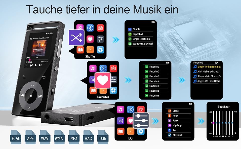 MP3-плеєр з Bluetooth 5.3 та HiFi-звуком, 90 ГБ, сенсорні кнопки, кольоровий дисплей, металевий корпус, FM-радіо, підтримка e-books, розширювальна пам'ять до 128 ГБ, чорний