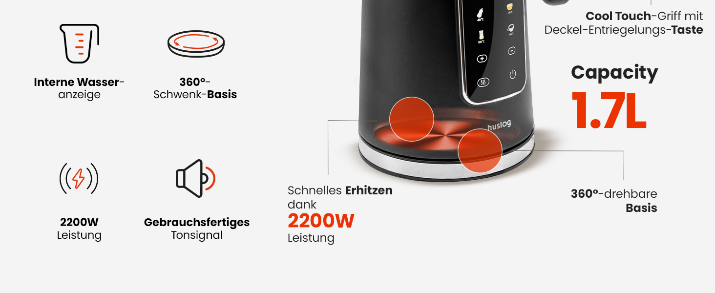 Електричний чайник 1.7 л з тачскріном, 2200 Вт, регулювання температури (40–100°C), 5 програм, підтримання тепла, нержавіюча сталь, бездротовий, чорний