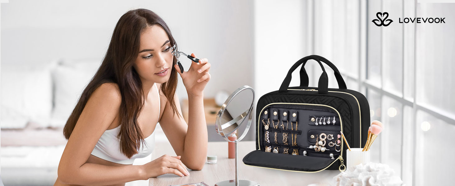 Сумка для косметики OVEVOOK чорна з відділенням для прикрас (M-Update) - водонепроникна, з гачками