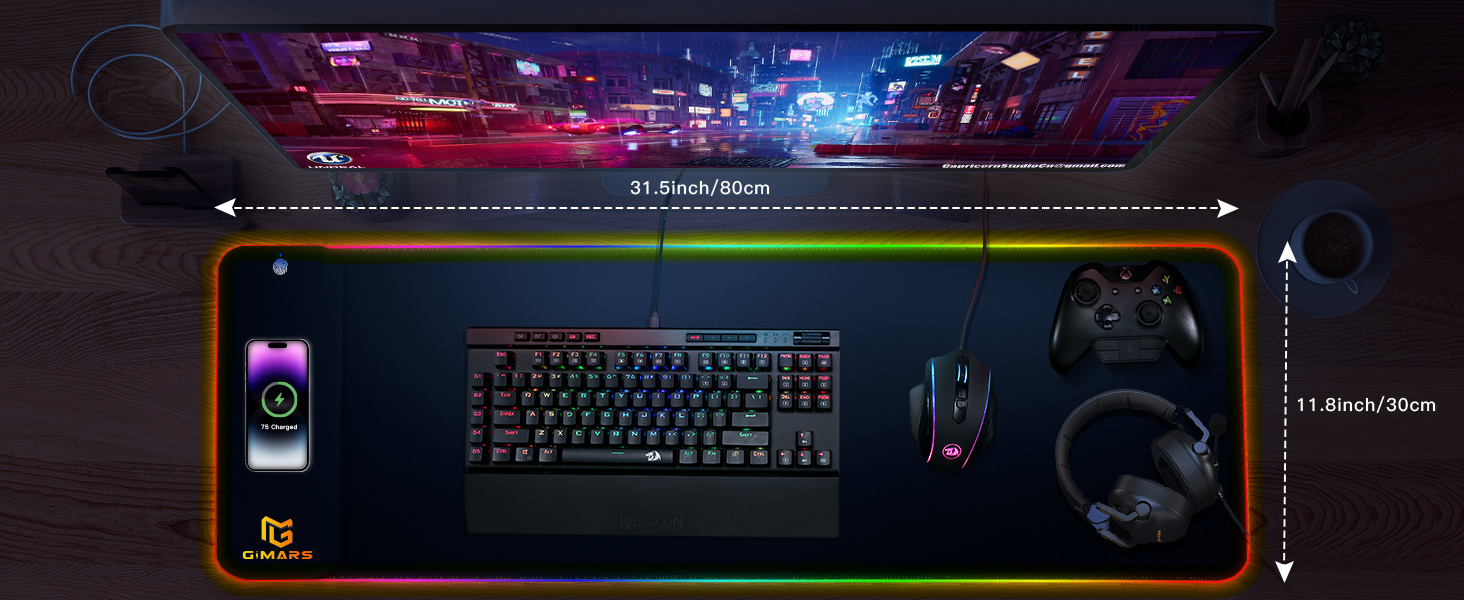 Килимок для миші ігровий Gimars RGB XXL, 800x300x5 мм, з підсвічуванням 12 LED, вологостійкий, з гумовою основою, чорний